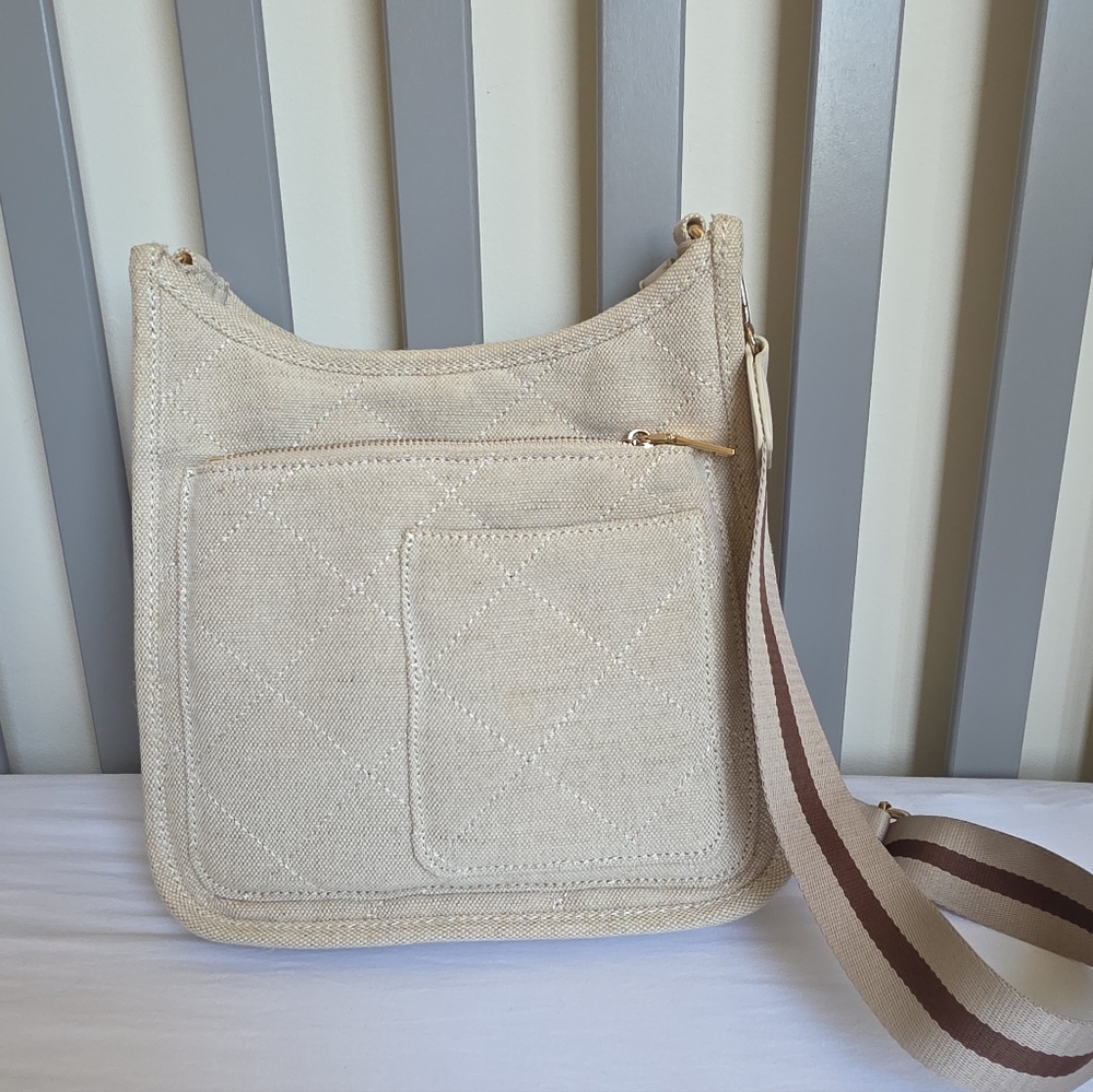 Urban Expressions Harlie Quilted Cream/Natural Boho Linen Crossbody Bucket Bag